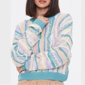 Forever 21 Coogi Style 90s 3D Knit Pastel Cropped Crewneck Cable Knit Sweater. S